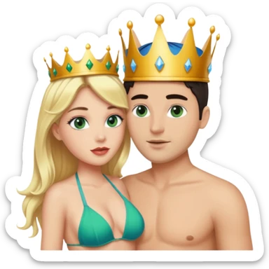 Blonde Queen Green eyes with crown in Bikini kissing Male subject without crown dark Hair blue eyes sticker