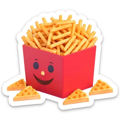 crispy waffle fries overflowing from a red box, 3D emoji style, playful and bright sticker