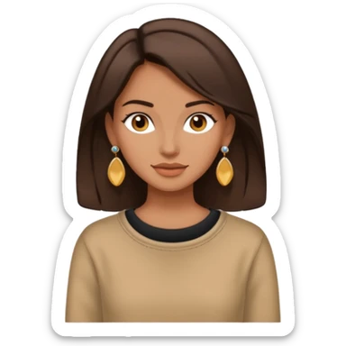 woman with medium-dark brown hair, trendy comfy clothes, earrings, stylish details sticker