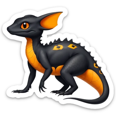A black Salandit-Umbreon-newt-hybrid-Fakémon-creature with orange belly sticker