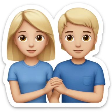 a girl with blonde hair and brown eyes and a boy with brown hair and brown eyes holding hands, both blushing, emoji style sticker