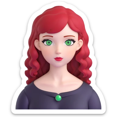 girl with green eyes, white skin, wavy black hair, red hair at the back of her neck sticker