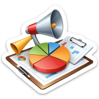 An icon featuring a pie chart, a megaphone, and a clipboard with strategy plans, symbolizing management and marketing. The design includes upward-trending graphs set against a modern office backdrop. Transparent background emphasizes business strategy and communication. sticker