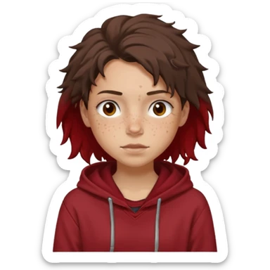 Hobo tomboy with light skin, freckles, dark brown shoulder-length hair in a messy style. Brown eyes, dark brown hoodie, dull red shirt. sticker