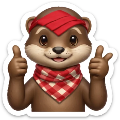 a cute otter smiling and giving thumbs up, wearing red Checkered Triangle scarf sticker