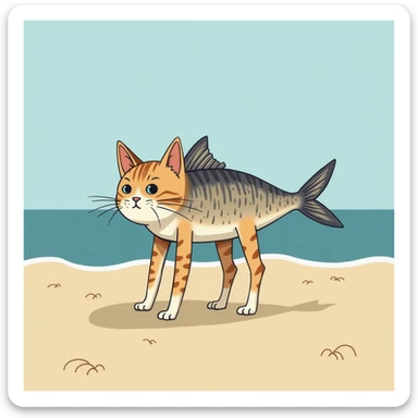 cat with fish body and four human legs, beach setting, simple realistic style sticker