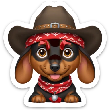 no white, no red. mostly black with some brown long hair daschund with a cowboy hat, ears curl out a bit and bandana and tongue slightly out sticker