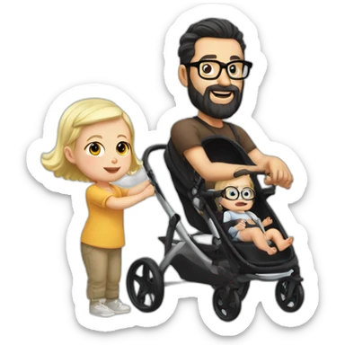 White man with Black hair,  beard and glasses pushing buggy with blonde baby sticker