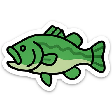 largemouth bass, minimal flat icon, simple shapes, green and white, clean look sticker