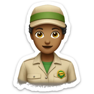 female zookeeper, wearing a plain beige shirt and a plain dark cap. on the beige shirt, there is a small logo, that looks like a yellow square with a dark green border sticker