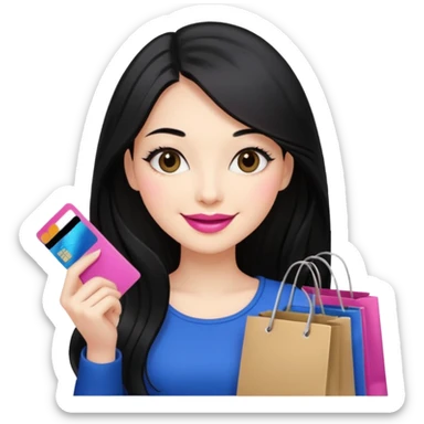 Girl with long black hair and pink lipstick holding shopping bags and credit card sticker