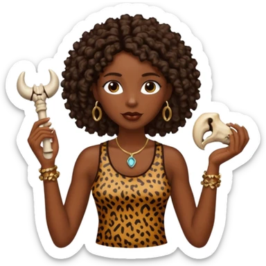cavewoman with dark brown curly hair wearking animal print tank top and accessories sticker