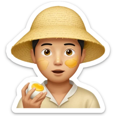 Asian guy with a rice hat eating an egg sticker