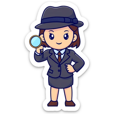 girl in a business suit, wearing a detective hat, holding a magnifying glass, in an investigating pose sticker