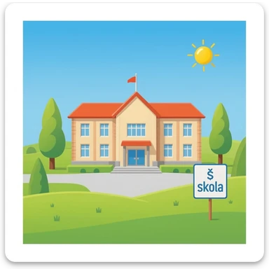 School building with a sign that says Škola sticker