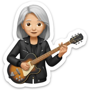 guitar rock player, elderly woman asian head, black jacket sticker
