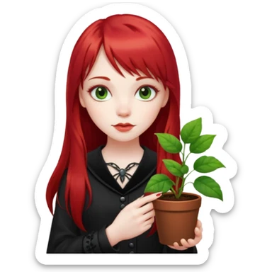a gothic girl with long red hair and bangs holding a lucky pin and plant sticker