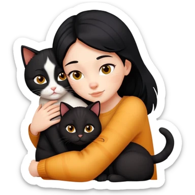 A black-haired girl hugs a ginger cat and A black cat sticker