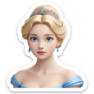 Cinematic Realistic Noble Cinderella Portrait, depicted with porcelain skin rendered in lifelike detail and soft, natural lighting that highlights every delicate nuance. Her intricately styled golden-blonde hair is arranged in an elegant updo, and her deep, expressive blue eyes radiate quiet determination. She wears her classic ball gown with rich fabric textures and delicate folds catching the light beautifully, all set against a subtly glowing, natural background that captures the essence of timeless royal grace. sticker