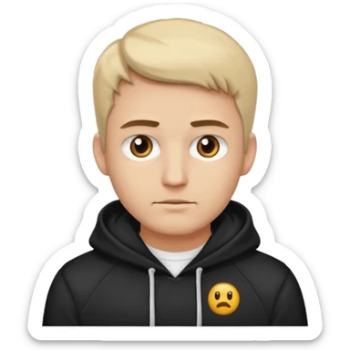 Crea un hombre alto, blanco, rubio, con ojos café claro, con músculos, camisa blanca con una sudadera negra, alto y guapo sticker