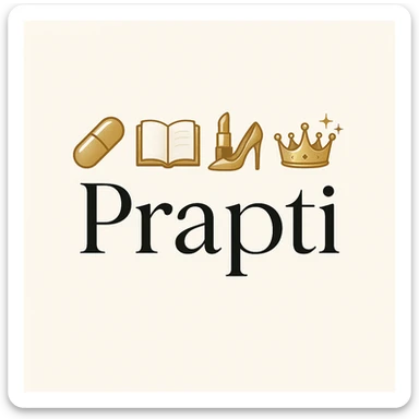 An elegant and classy emoji set featuring the name 'Prapti' in a graceful, refined font. Include symbols: a pill for pharma passion, a book for knowledge and studies, a lipstick and high heel for grace and charm, and a crown with sparkles for confidence and sparkle. The overall look should be sophisticated, refined, visually harmonious, luxurious, and glamorous with balanced composition and a chic, modern font for the name. sticker