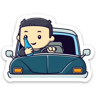 person in a car holding a bottle, showing the act of drinking and driving sticker