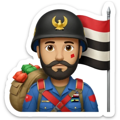 A very tired and sad, swarthy Iraqi soldier with a beard, an Iraqi flag on his helmet, a sad expression and bags under his eyes sticker
