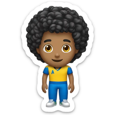 Menino tom de pele moreno, cabelo curto preto, camisa amarela, bermuda azuls segura uma peça de quebra-cabeça colorido sticker