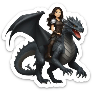 Determined and beautiful armored White Woman with dark brown long hair riding on the back of a giant black dragon sticker