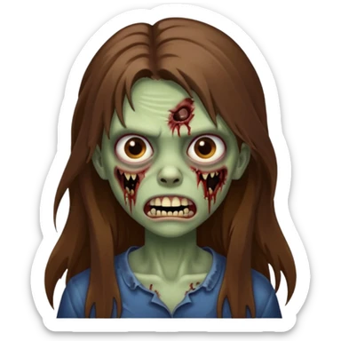 Girl zombie with brown long hair with teeth and serious face IOS 2019 style sticker