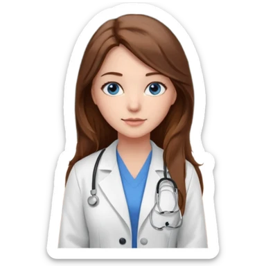 pretty female nursing student with long brown hair, blue eyes inside a classroom at university with blackboard behind her sticker