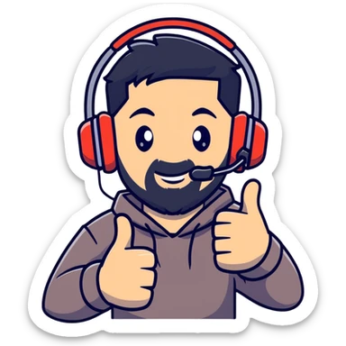 Man with black hair, brown eyes, and black beard wearing gaming headset giving a thumbs up gesture sticker