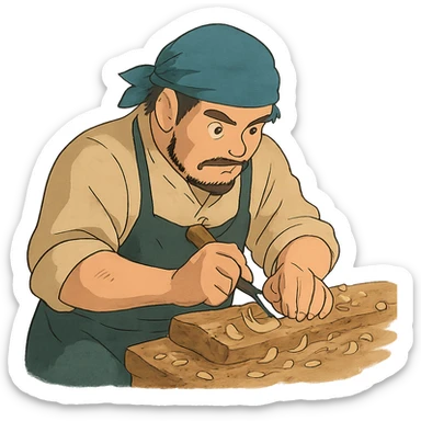 skilled artisan carving wood, ghibli style sticker