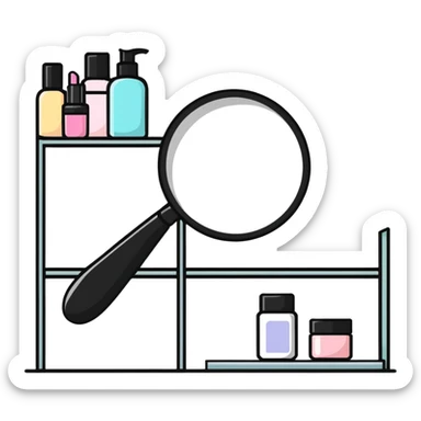 magnifying glass over empty beauty product shelf, searching sticker