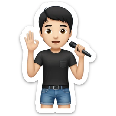 Handsome young man with black hair singing karaoke wearing an black t-shirt and denim shorts. sticker