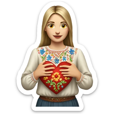 A Ukrainian woman in an embroidered shirt holds a heart in her hands sticker