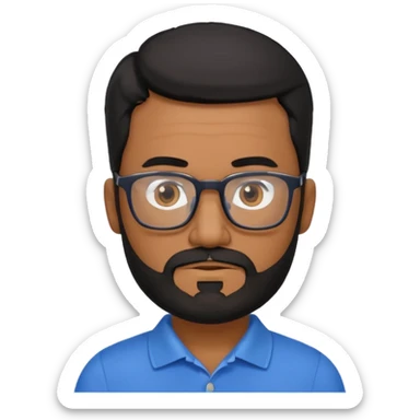 A tanned 50year old bearded man with black hair wearing glasses and a blue polo sticker