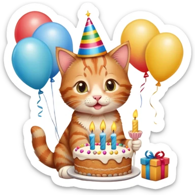Ginger tabby kitten celebrates birthday, birthday hat, birthday cake, one candle, balloons, happy, gifts sticker