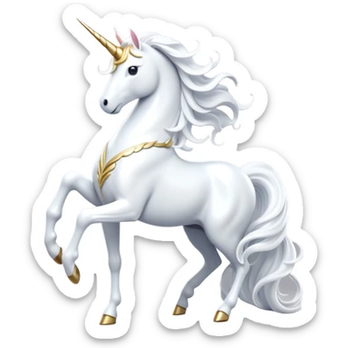 cinematic-beautiful-white-unicorn-full body-emoji,-poised-and-regal,-with-a-slender,-ethereal-form-draped-in-a-pristine-white-color,-a-flowing-mane-and-tail,-and-a-glistening,-spiraled-horn-that-radiates-pure-light,-simplified-yet-sharp-and-majestic, zoomed out to show a majestic unicorn sticker