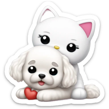 hello kitty cuddling with bichon frise dog sticker