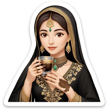 A delicate hand adorned with intricate floral henna designs holds a traitional glass of Arabic coffee. The deep brown henna contrasts beautifully with the rich embroidery of the black outfit, which features shimmering floral patterns. A gold ring and dark nail polish add elegance to the aesthetic. sticker