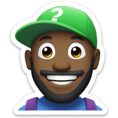 Black light skinned bald man with beard laughing and a Mario hat with a "G" on it sticker