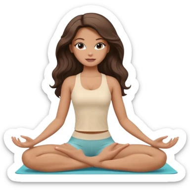 A white Barbie girl with long dark brown wavy hair in a cream and brown colored clothes is doing yoga sticker