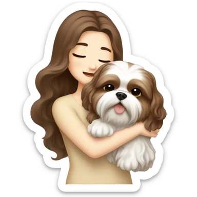 long brown wavy hair korean girl hugging cream and brown colored shih tzu sticker