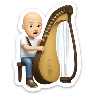 bald white guy casual with ball cap playing a big harp that looks similar to a banjo  sticker