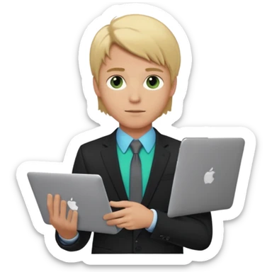a young boy of about 20 with blond hair that is medium length, he is dressed in suit with tie and jacket, tie blue jacket black, in his hands he has a gray macbook, and black iphone. green-brown eyes sticker