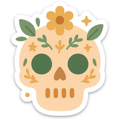 A cute and whimsical skull with a friendly expression, designed in a soft and charming color palette: golden orange (FA9B41), deep forest green (4A7C5C), warm taupe brown (96775A), and pastel peach (FFCC9A). The skull has rounded features and gentle curves, with big, expressive eye sockets that give it a sweet and non-threatening appearance. It’s decorated with floral patterns, tiny stars, or leaf motifs in the given colors, inspired by cozy or magical aesthetics. The background is softly lit, adding to the gentle and enchanting mood, making the skull feel more like a magical companion than something spooky. sticker