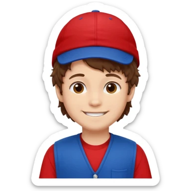 brown fluffy hair kid with blue and white cap dark blue jilet red t shirt sticker