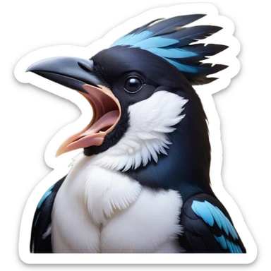 Cinematic Cute Yawning Magpie Portrait Emoji, Head tilted slightly with a dramatic, wide-open yawn, showcasing a sleek, contrasting feathered form with softly drooping wings and sleepy, half-closed eyes, Simplified yet irresistibly adorable features, highly detailed, glowing with a soft, cozy urban glow, high shine, relaxed yet expressive, stylized with a dash of whimsical charm, soft glowing outline, capturing the essence of a drowsy yet affectionate magpie that appears ready to stretch out for a nap! sticker