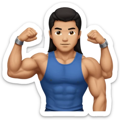 muscled asian guy showing biceps, long dark hair sticker